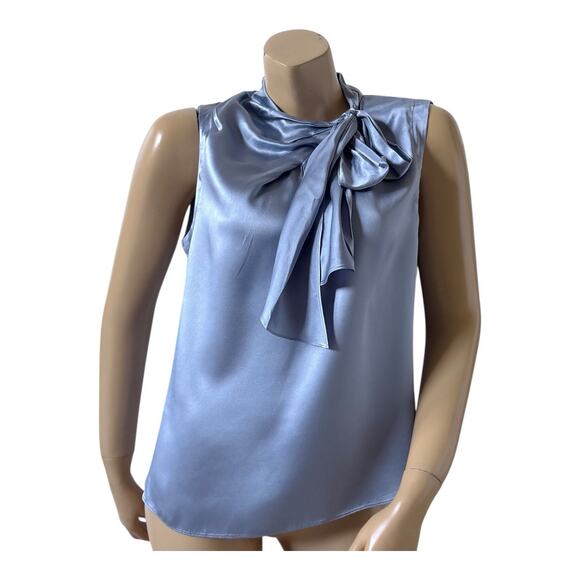 Tailored REBECCA TAYLOR Womens Size 8 Blue 100% Silk Sleeveless Tie Neck Shirt - Picture 1 of 8